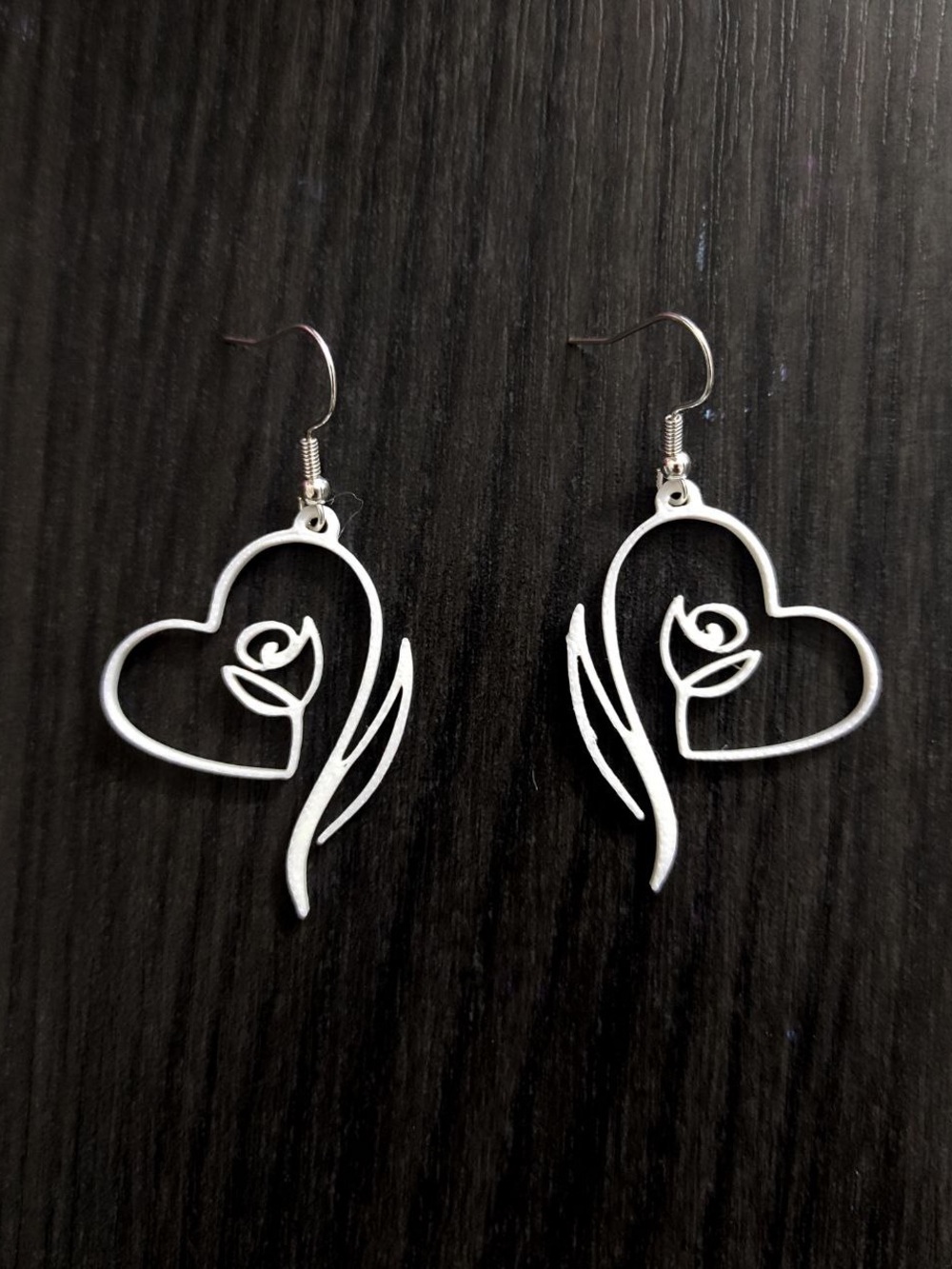 Silver Heart & Rose Drop Earrings - Women's Jewelry